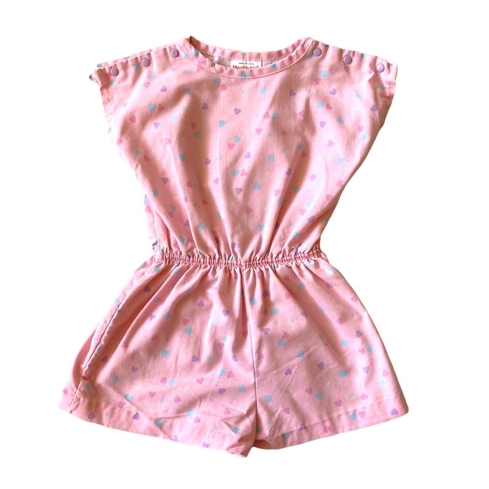 VINTAGE 90s Jumper Romper Shorts Overalls Sleeveless Pink Hearts One Piece